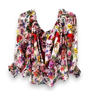 AQUA Mary Katrantzou Floral Off The Shoulder Smocked Top 1X NWT